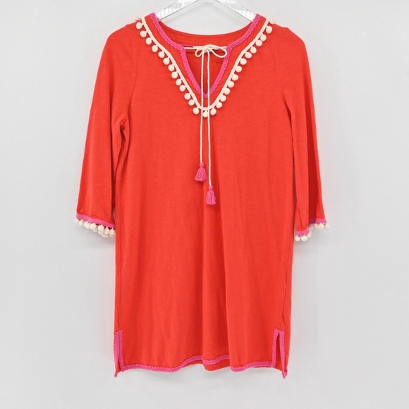 Boden Kasia Jersey Tunic Dress Womens 6 Red Pom Pom Trim Tassel Tie Relaxed Boho - Picture 2 of 13